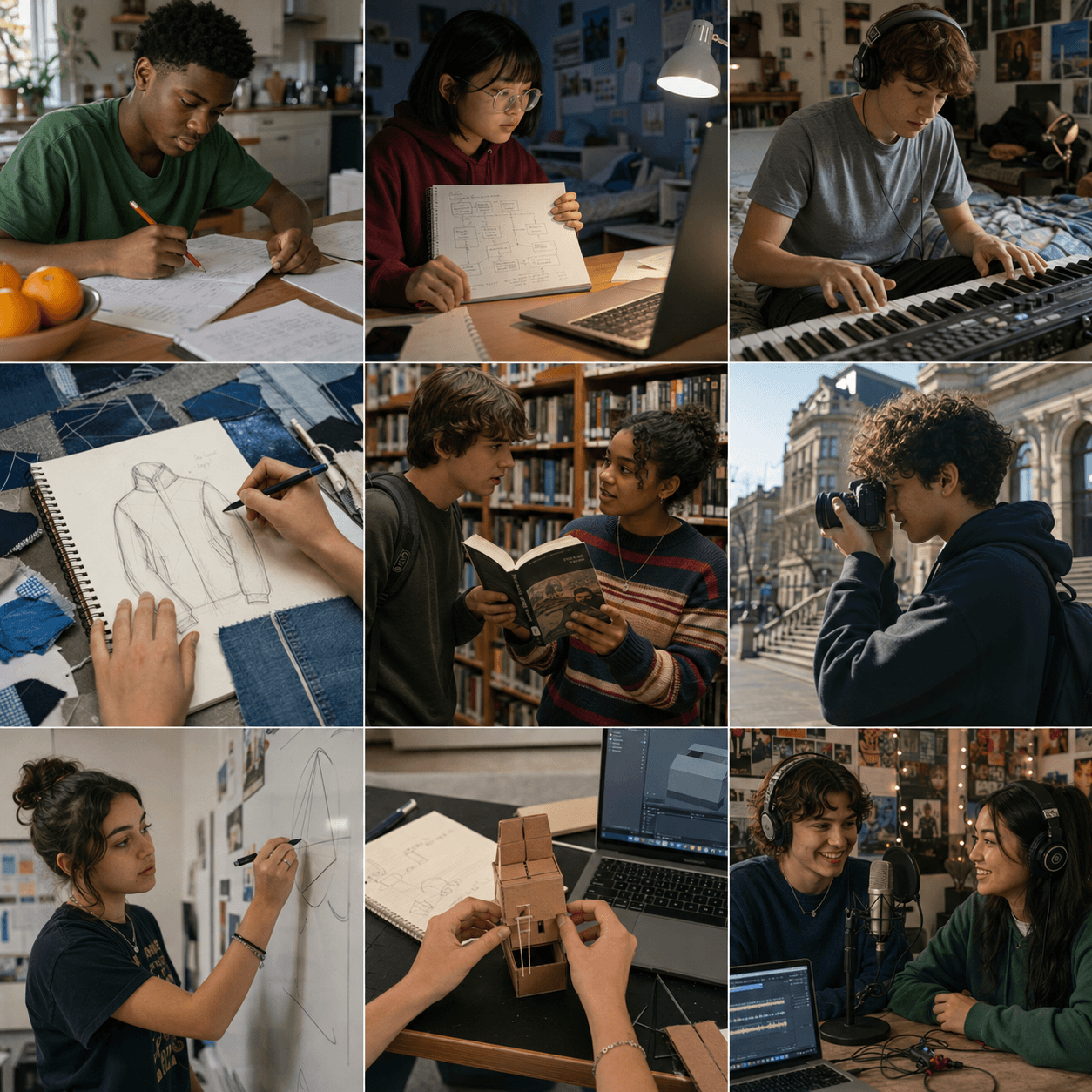 Illustrative nine-scene grid of teenagers writing, coding, making music, sketching clothing, discussing a book, photographing architecture, exploring geometry, prototyping, and recording a conversation